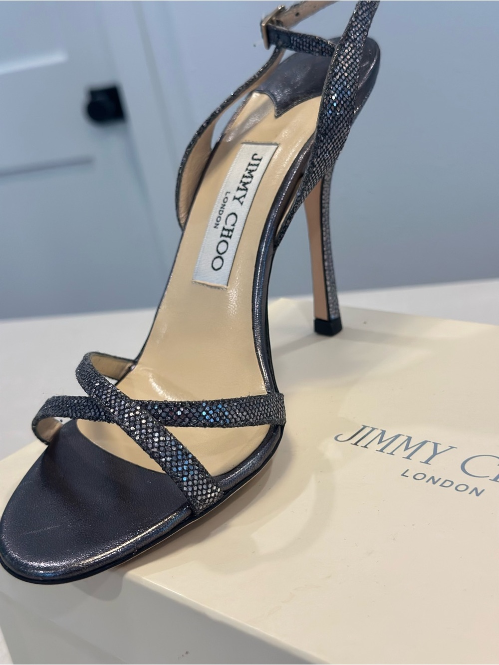 Jimmy Choo Silver Sparkle Strappy Stiletto Sandals